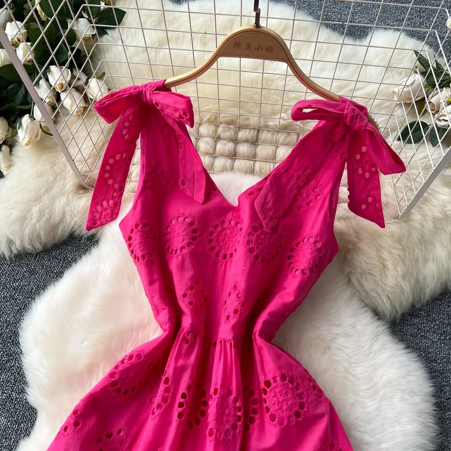 French Vintage cut out Embroidery bow Bandage slip Dress A-line Chic Casual Beach Vacation Women Summer dresses