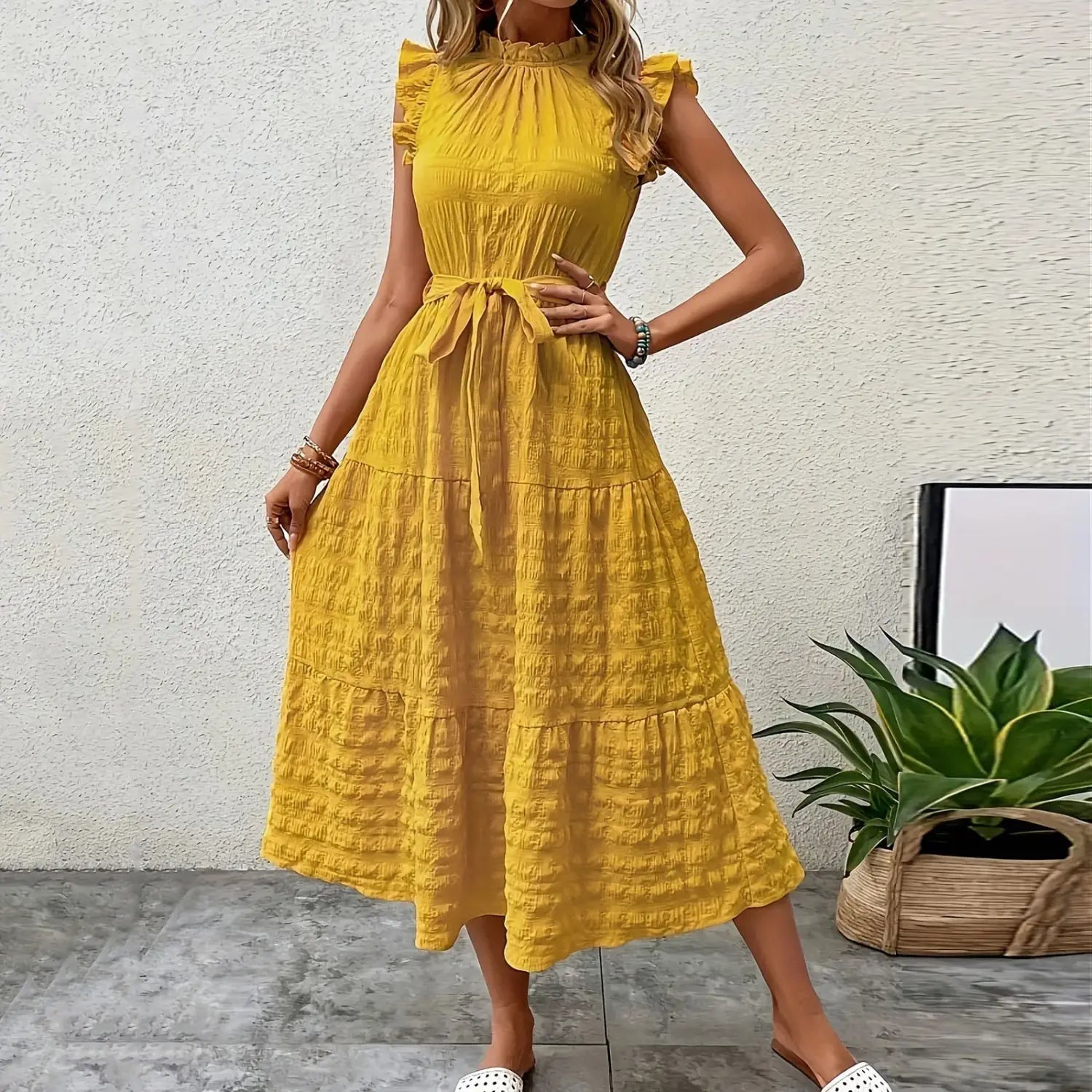 Women’s Vacation Dress Ruffles Sleeveless Maxi Dresses Summer Flowy Boho Chic Dress Solid Color Beach Sundress
