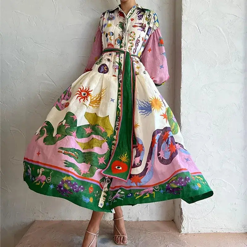 EcoChic Goddess Graffiti Lantern Sleeve Maxi Shirt Dress Vibrant Boho
