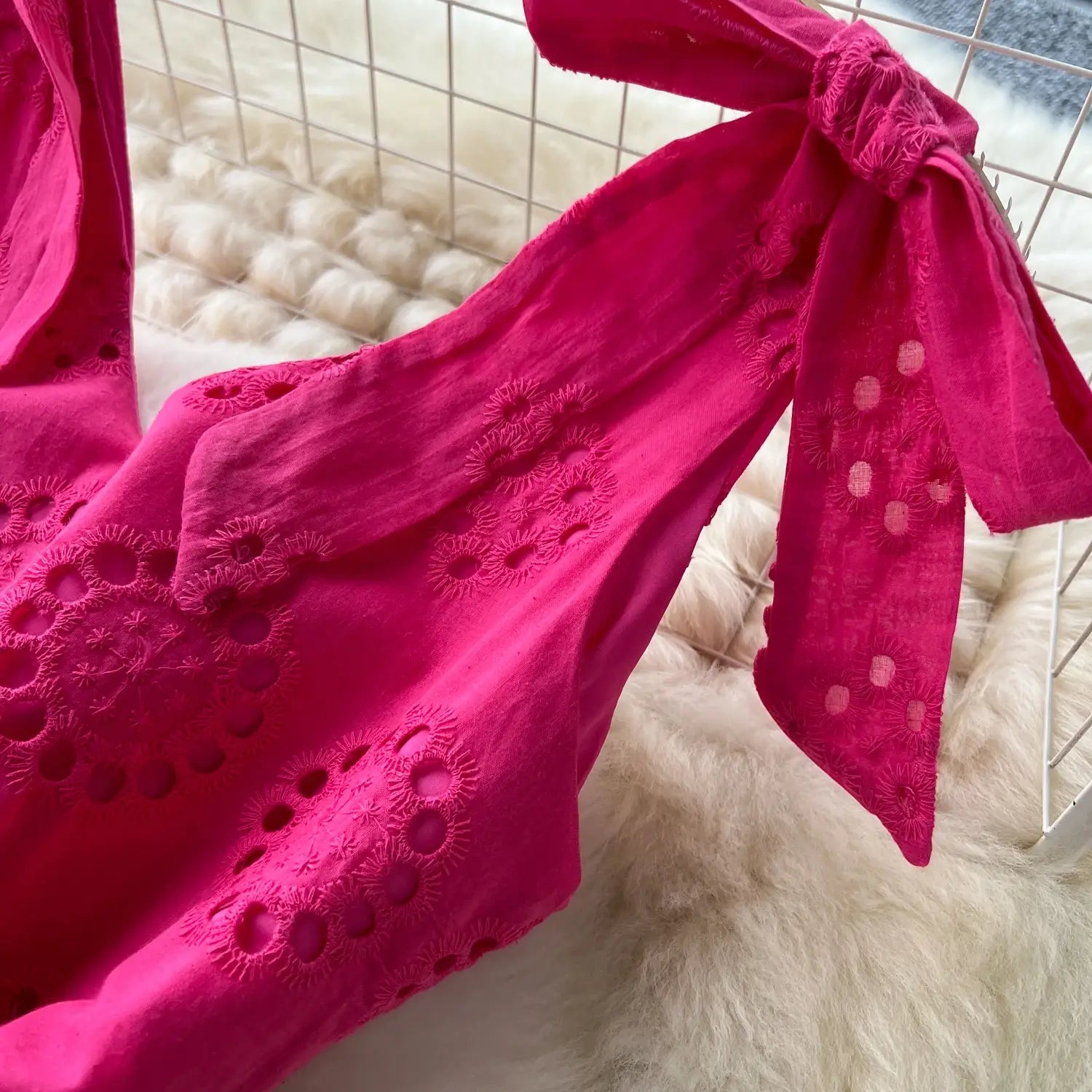 French Vintage cut out Embroidery bow Bandage slip Dress A-line Chic Casual Beach Vacation Women Summer dresses