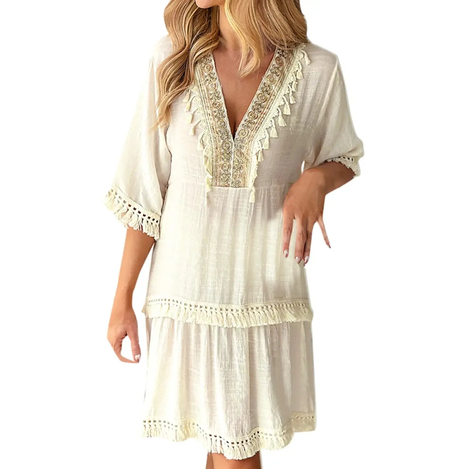 Boho Dress For Women’S Casual Elegant Embroidered V Neck Casual Dresses With Tassle Loose Comfortable Stylish Wrap