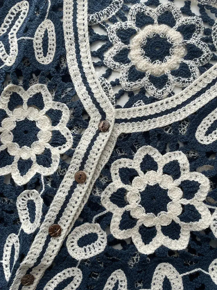 Floral Crocheted Bolero Cardigan Flower Lace Knitted Short Jacket Boho Crop Sweater Tops V-Neck Autumn/Spring Woman