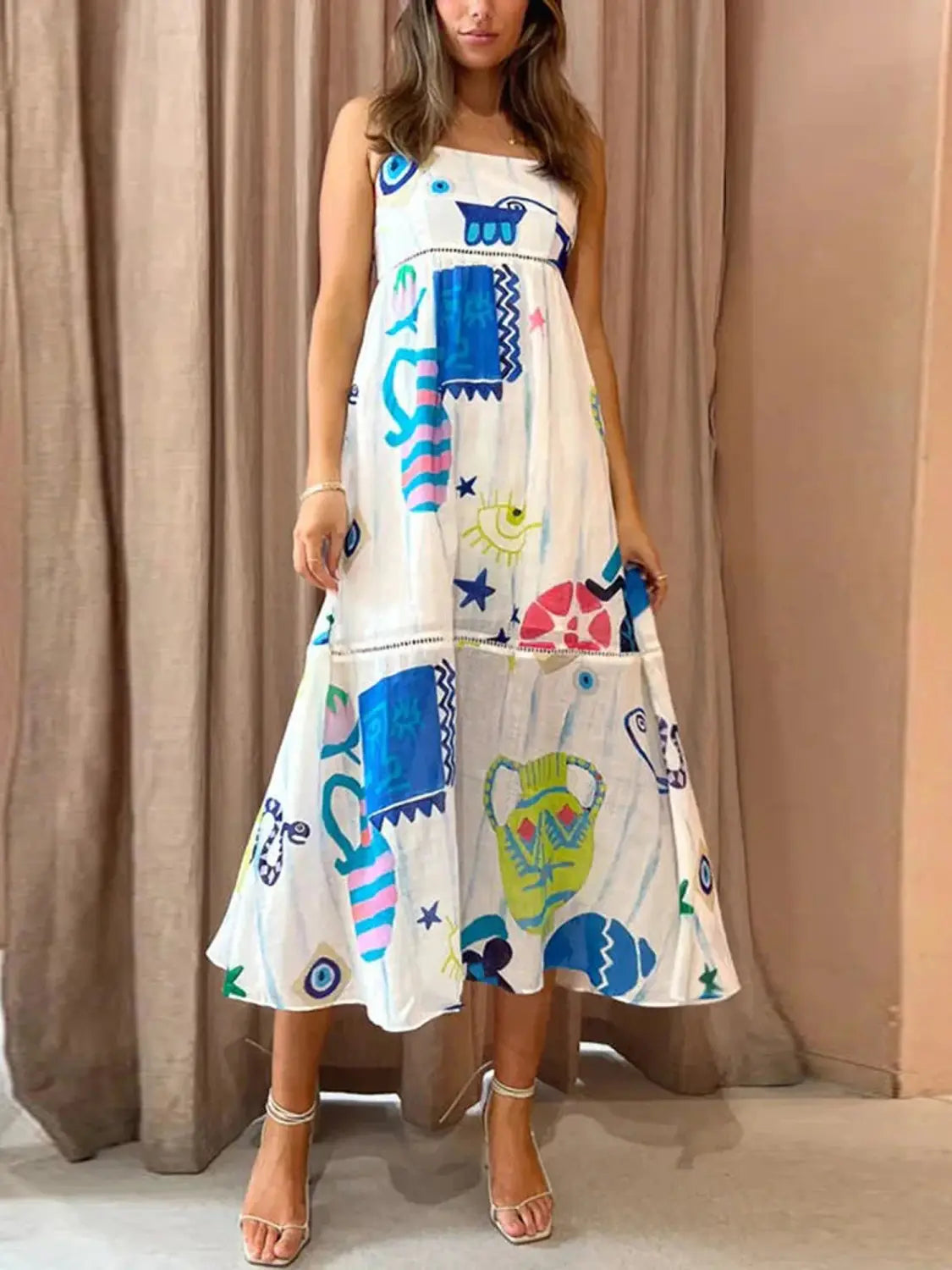 Women’s Summer Boho Spaghetti Strap Square Neck Farm Rio Dress Casual Flowy Graffiti Long Dress Beach Swing Party