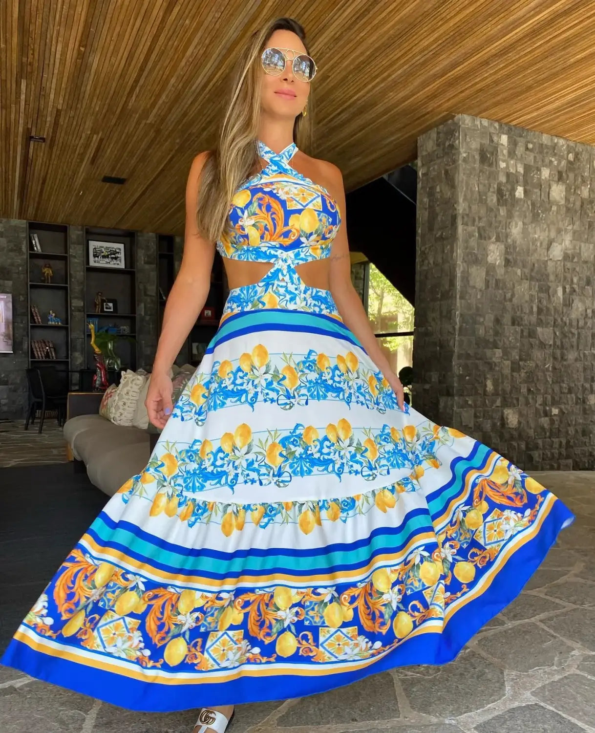 New Bohemian Sexy Printed Women Dresses Halter Sleeveless Backless Naked Waist Long Dress Fashion Summer Beach Holiday