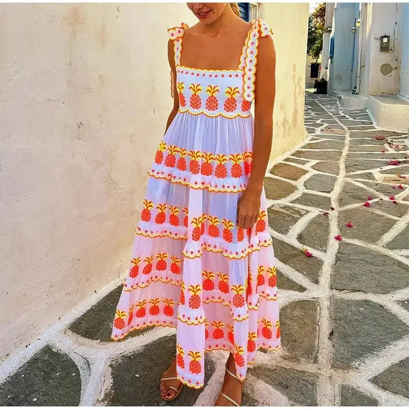 Boho Goddess Vintage LaceUp Maxi Dress Sustainable Vibrant Contrasting Printed Sleeveless Loose Dresses Vintage