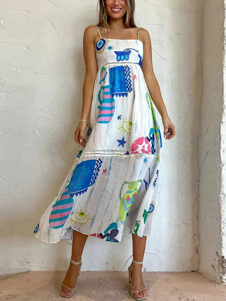 Women’s Summer Boho Spaghetti Strap Square Neck Farm Rio Dress Casual Flowy Graffiti Long Dress Beach Swing Party