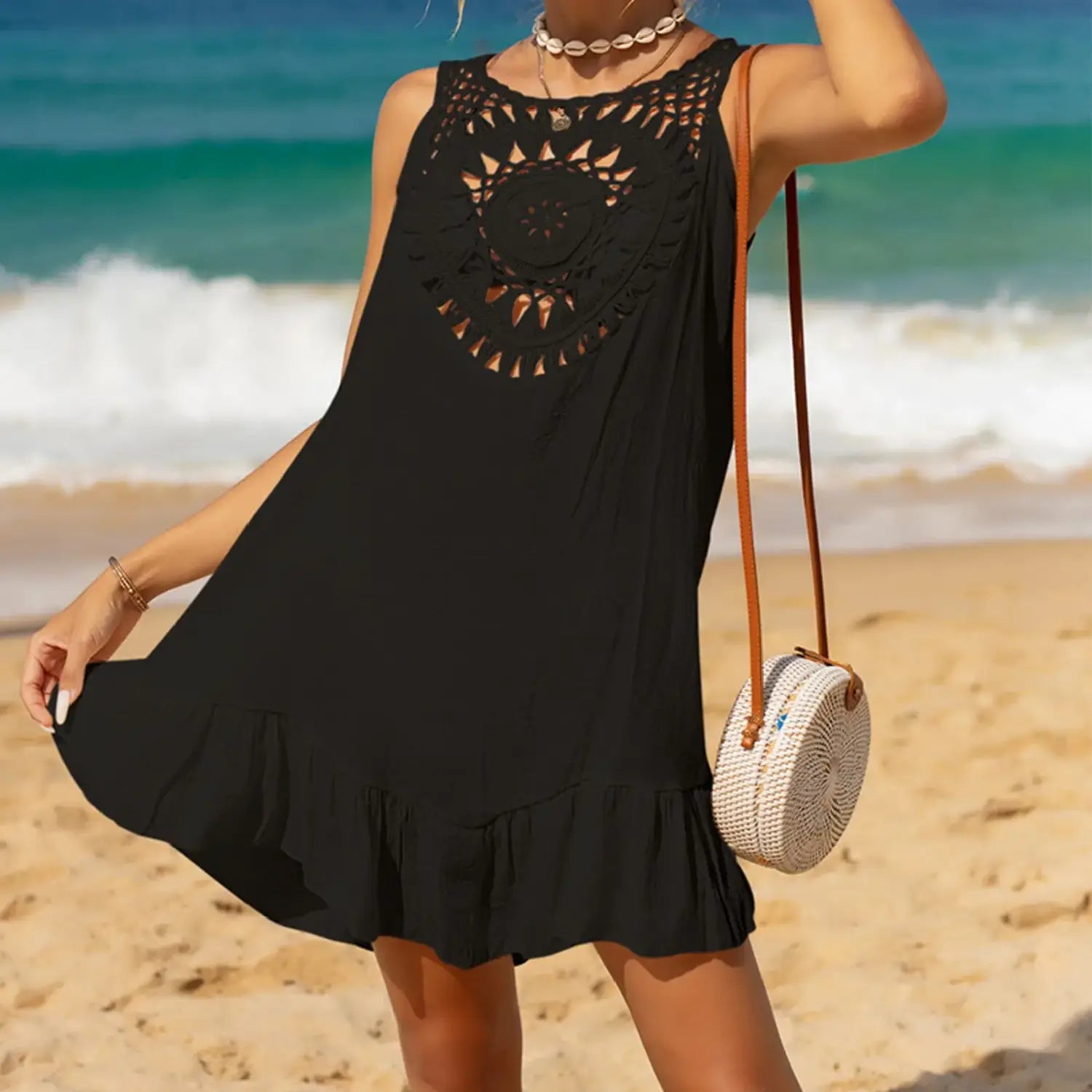 Beach Wear Women 2024 New Solid Crochet Hollow Retro Boho Beach Cover Up Dress Fashion Casual Sleeveless Bikini Tank