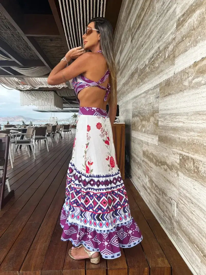 New Bohemian Sexy Printed Women Dresses Halter Sleeveless Backless Naked Waist Long Dress Fashion Summer Beach Holiday