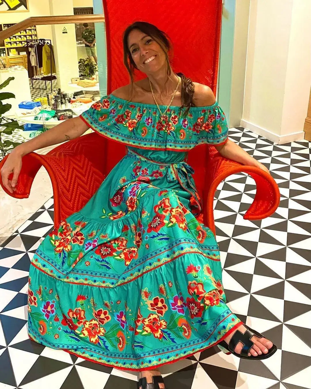 2024 Women’s New Sexy One Shoulder Off Shoulder Fashion Red Flower Printed Lace Up Waist Long Swing Dress