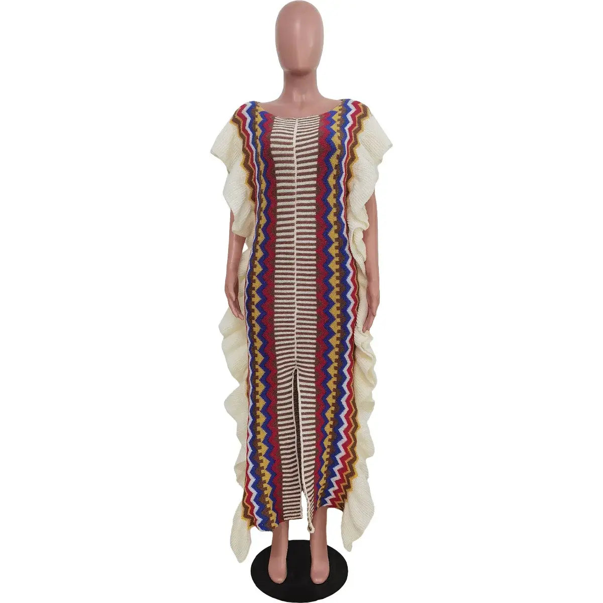 Women’s Knit Ribbed Clock Ruffles Side Sleeve Front Split Striped Straight Maxi Dress Vintage Fashion Vestidos Dresses
