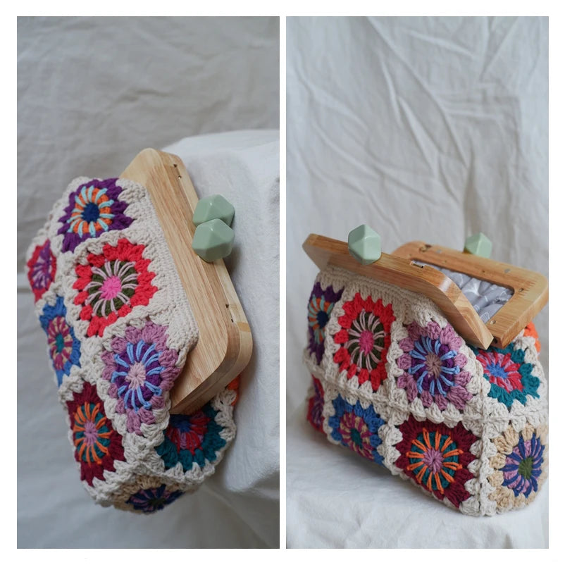 Crochet clutch boho chic granny square Gran handbag  clasp purse woven Jacquard bag wholesale