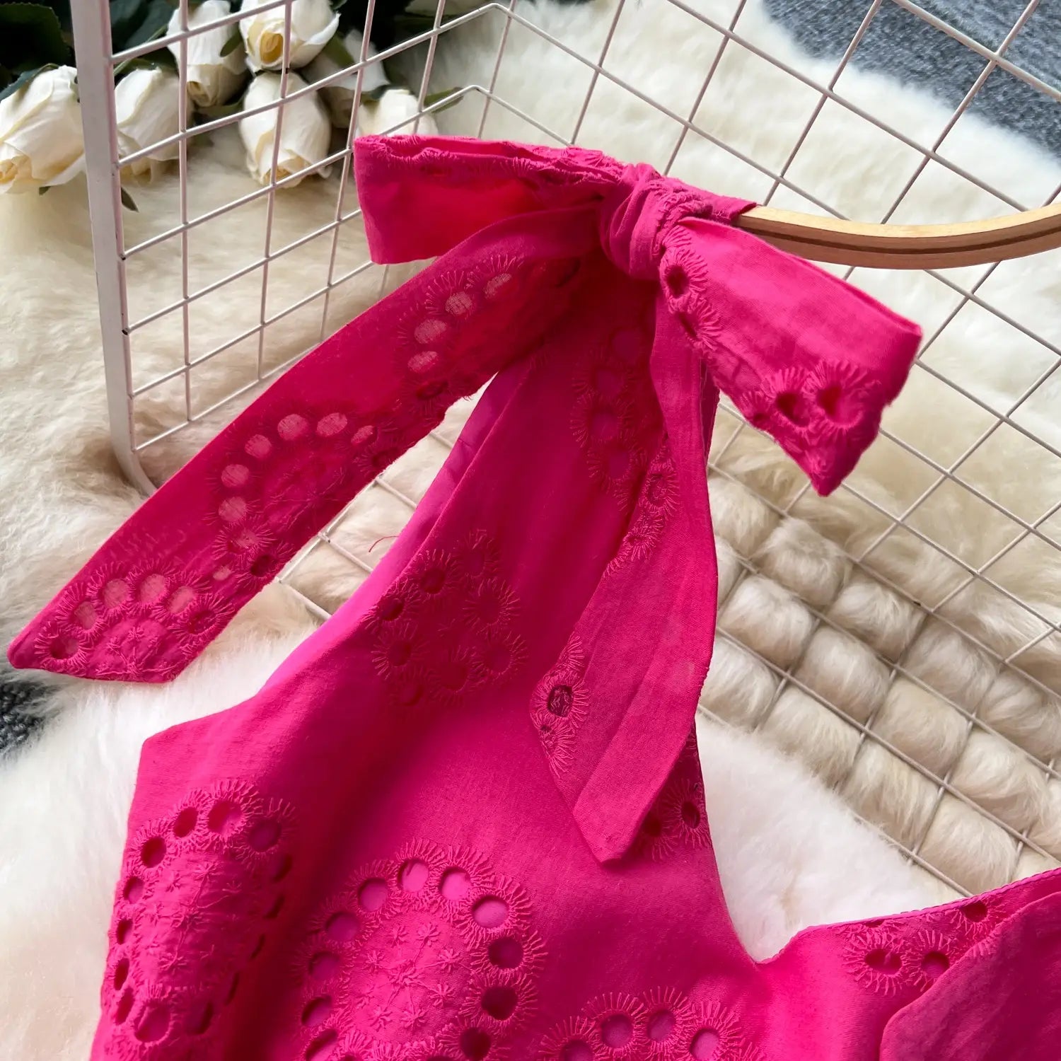 French Vintage cut out Embroidery bow Bandage slip Dress A-line Chic Casual Beach Vacation Women Summer dresses