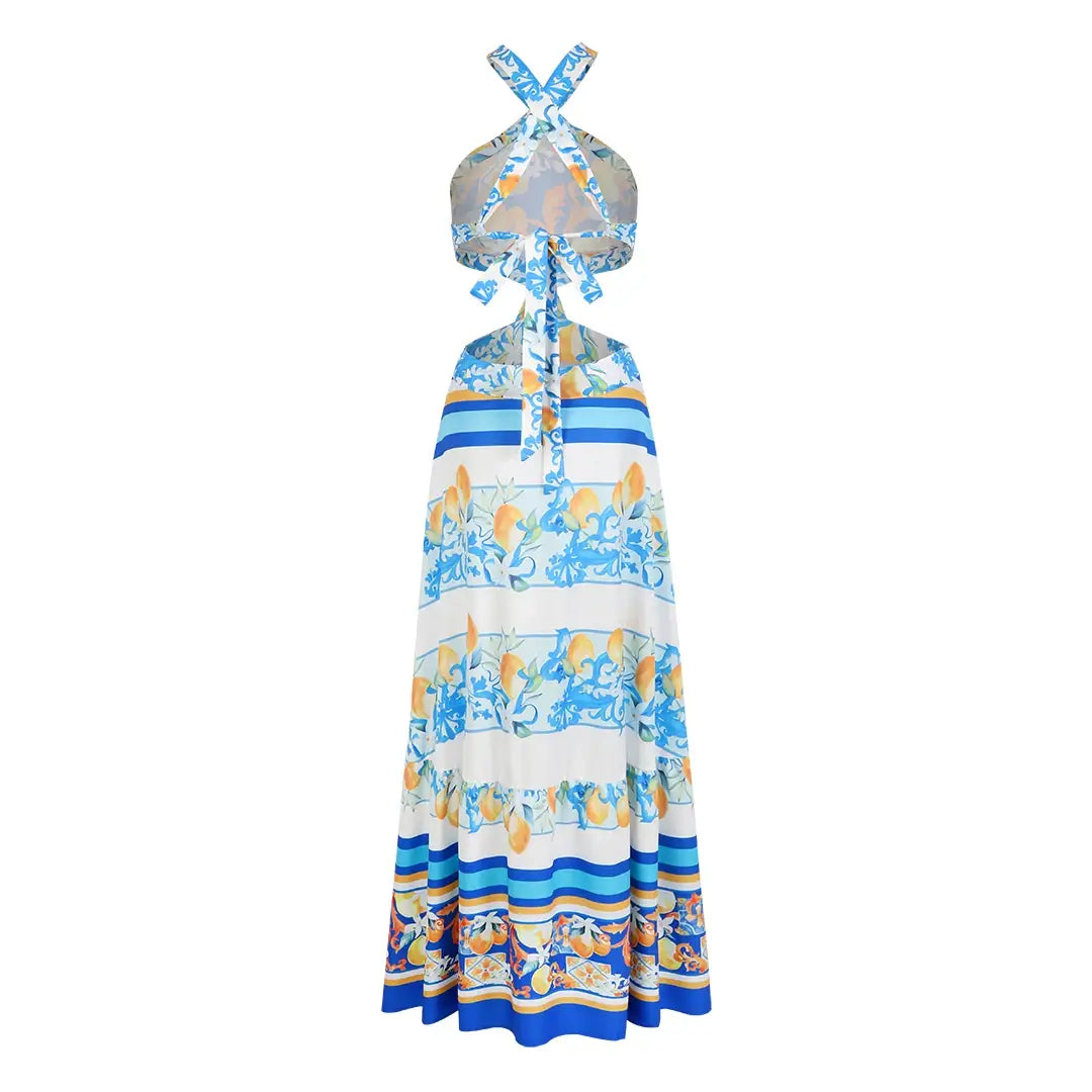 New Bohemian Sexy Printed Women Dresses Halter Sleeveless Backless Naked Waist Long Dress Fashion Summer Beach Holiday
