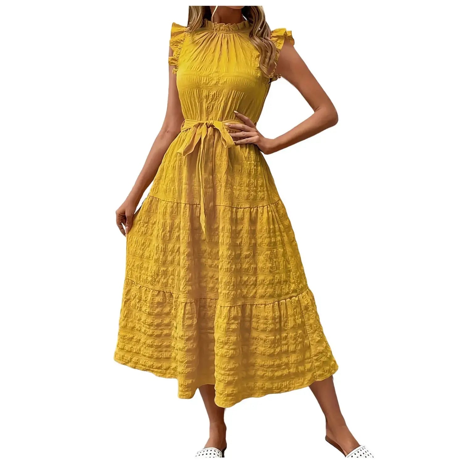 Women’s Vacation Dress Ruffles Sleeveless Maxi Dresses Summer Flowy Boho Chic Dress Solid Color Beach Sundress