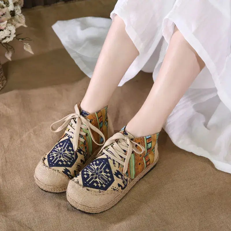 Women Shoes Boho Cotton Linen Canvas Single National Woven Round Toe Lace Up Cloth Shoes Woman Flats Size 35-40