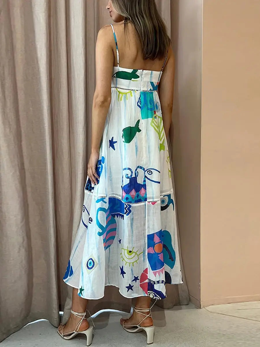 Women’s Summer Boho Spaghetti Strap Square Neck Farm Rio Dress Casual Flowy Graffiti Long Dress Beach Swing Party
