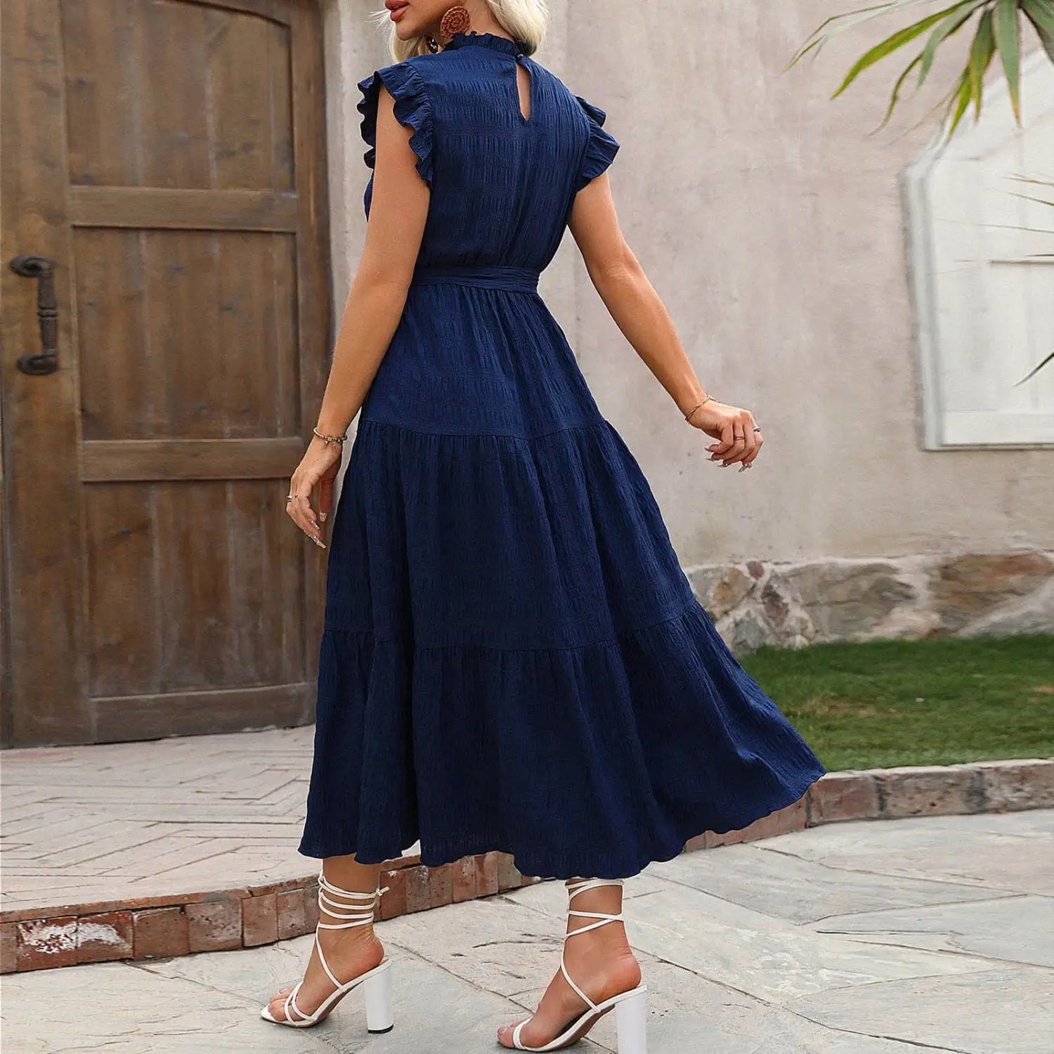 Women’s Vacation Dress Ruffles Sleeveless Maxi Dresses Summer Flowy Boho Chic Dress Solid Color Beach Sundress