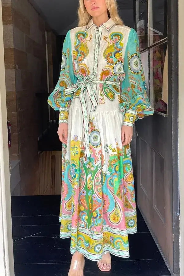 Long Dresses 2024 New Printed Fashion Sleeve Puff Sleeve Lace-up Large Swing Dress Elegant Party Dress
