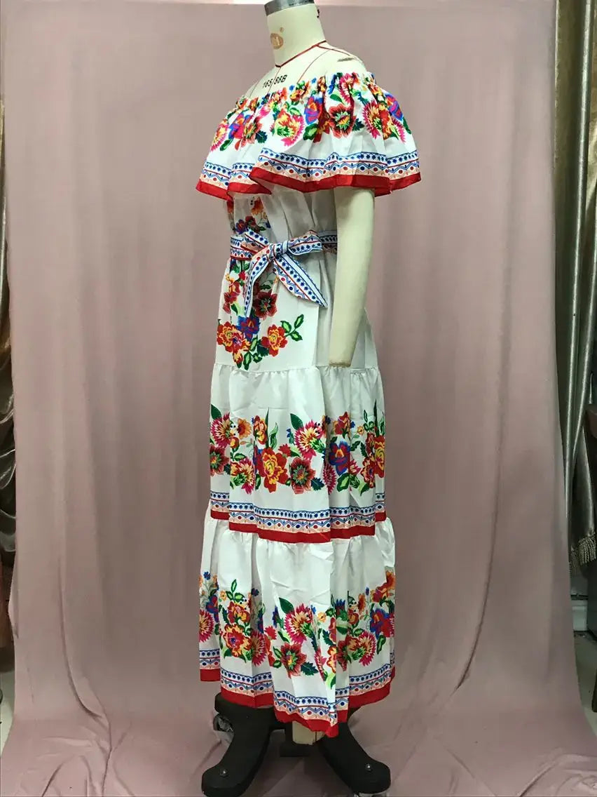 2024 Women’s New Sexy One Shoulder Off Shoulder Fashion Red Flower Printed Lace Up Waist Long Swing Dress