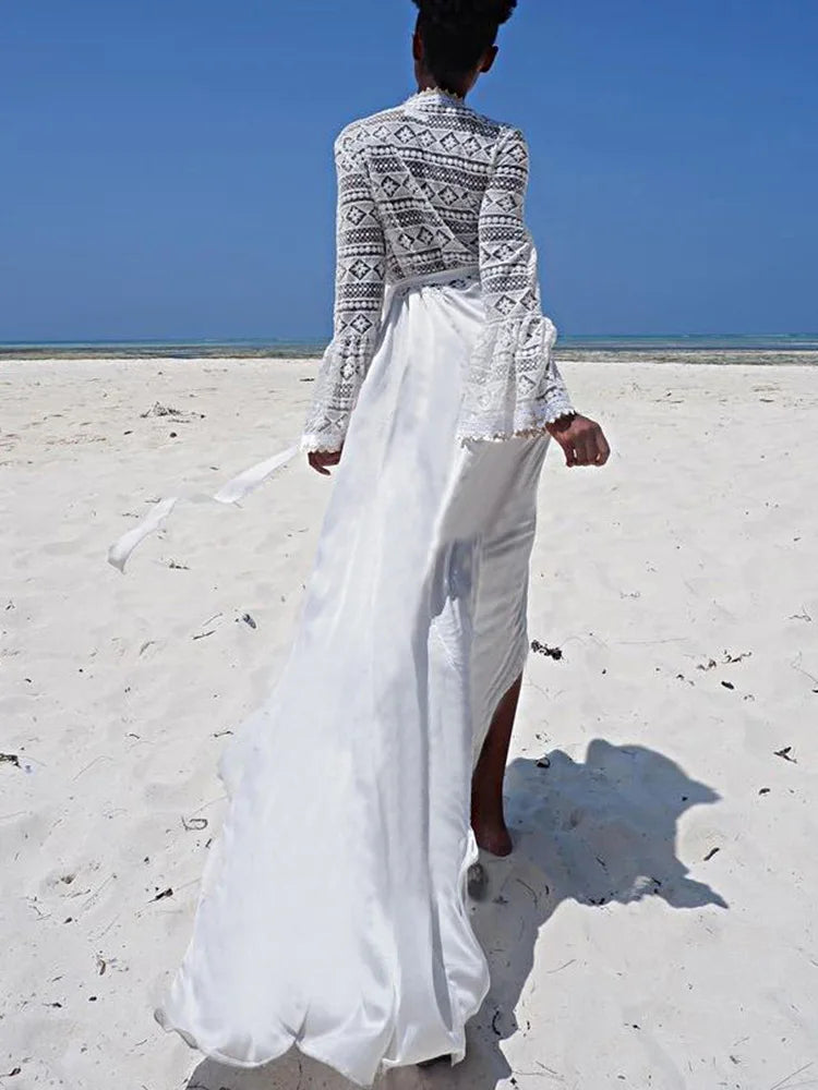 Women's Long Lace Kimono Cover-Up - Sheer Tie-Front Bikini Beachwear - Elegant Bathing Suit Swimsuit Cover-Up