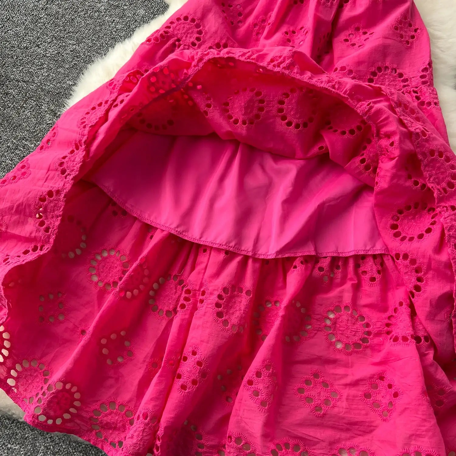 French Vintage cut out Embroidery bow Bandage slip Dress A-line Chic Casual Beach Vacation Women Summer dresses