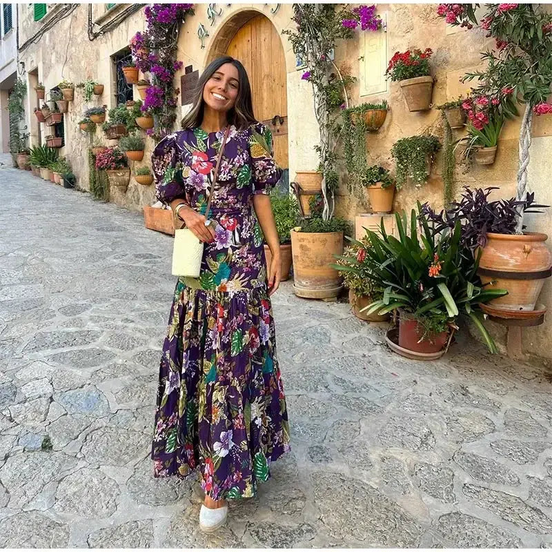 Vintage Print Backless Puff Sleeve Midi Dress Fashion Chic Round Neck High Waist Dresses 2024 Autumn New Women High