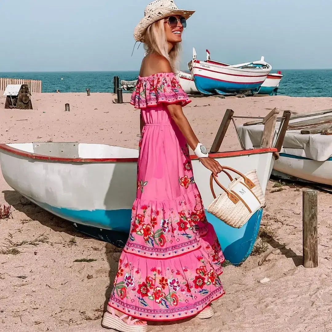 2024 Women’s New Sexy One Shoulder Off Shoulder Fashion Red Flower Printed Lace Up Waist Long Swing Dress