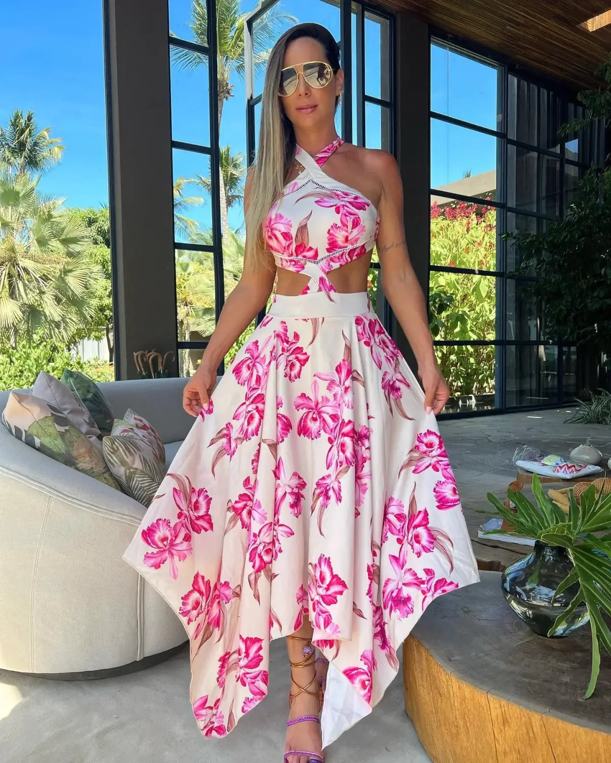 New Bohemian Sexy Printed Women Dresses Halter Sleeveless Backless Naked Waist Long Dress Fashion Summer Beach Holiday