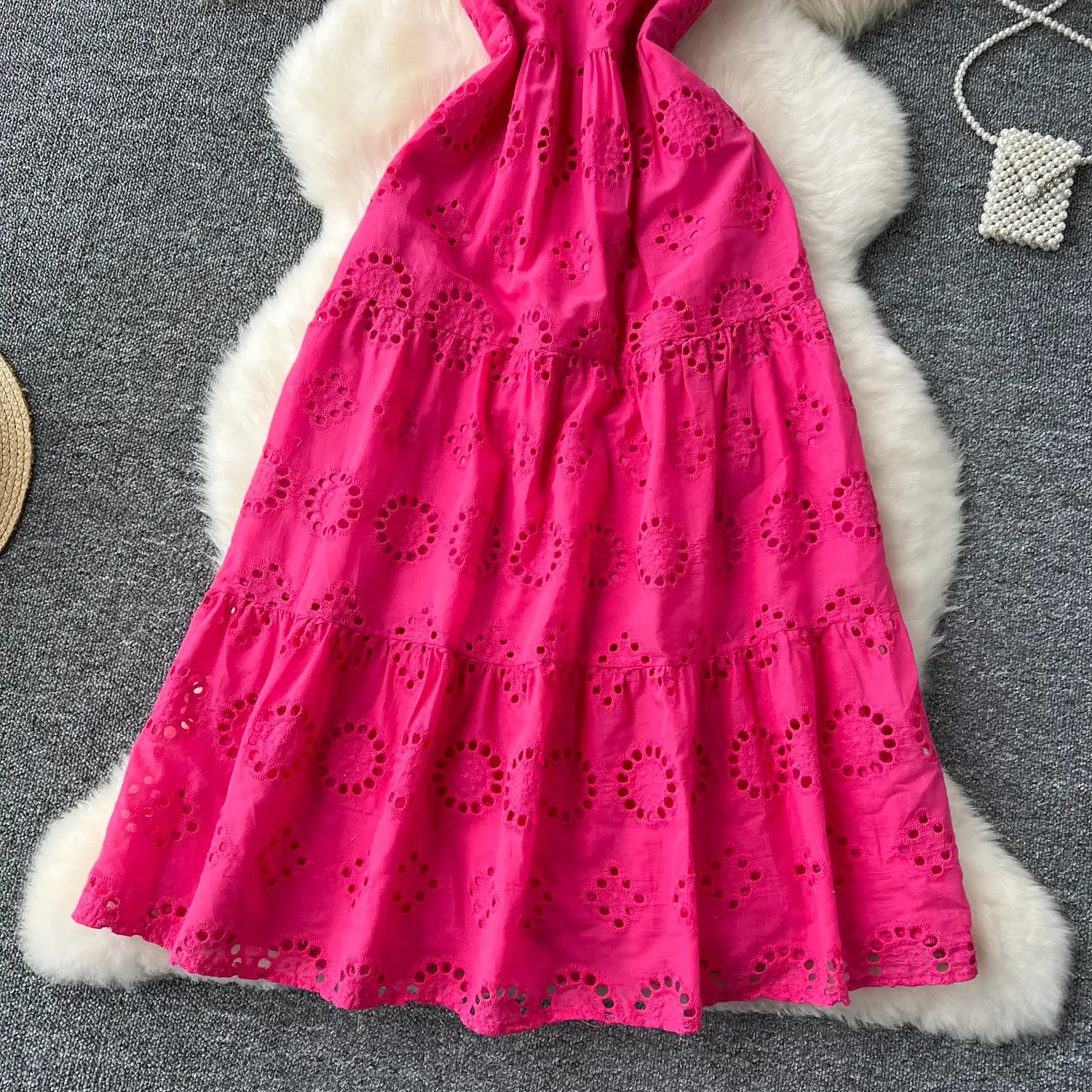 French Vintage cut out Embroidery bow Bandage slip Dress A-line Chic Casual Beach Vacation Women Summer dresses