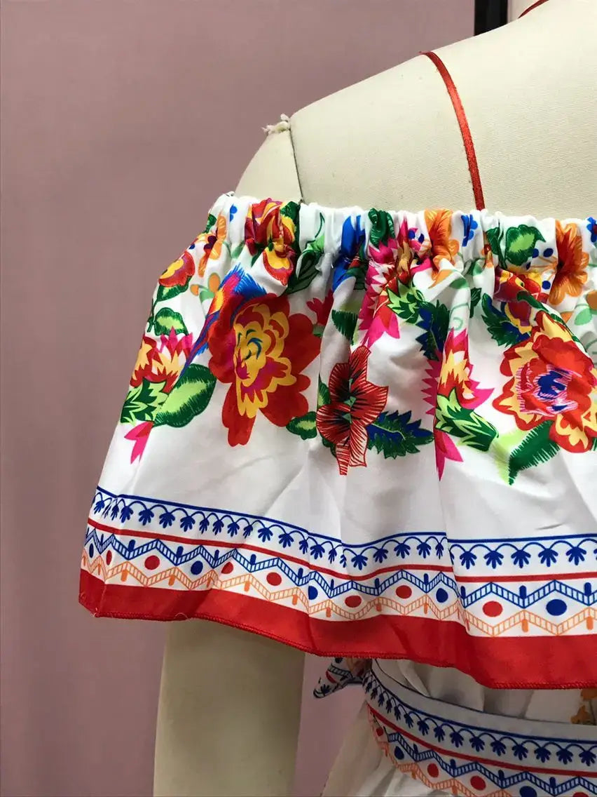 2024 Women’s New Sexy One Shoulder Off Shoulder Fashion Red Flower Printed Lace Up Waist Long Swing Dress