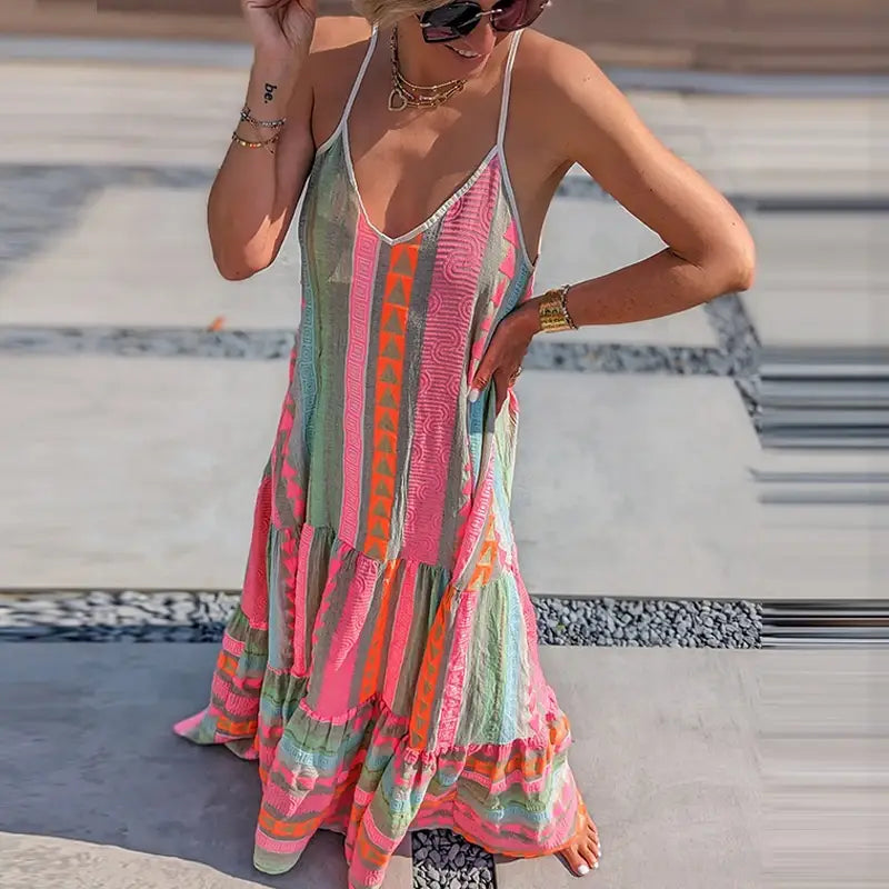 Elegant Casual Print Sleeveless Ruffle Party Dress Summer V Neck Sling Loose Dress Women Fashion Holiday Boho Beach