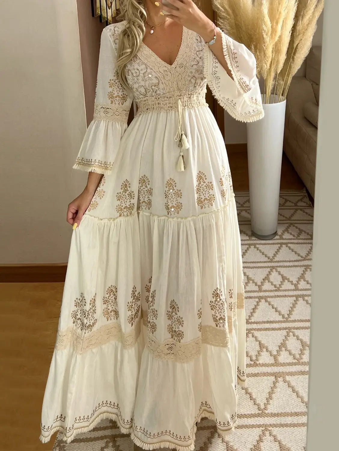 Women Fall Casual Long Dress Floral Print Lace V-Neck Long Sleeve Dress Fashion Holiday Maxi Dress Elegant Classics