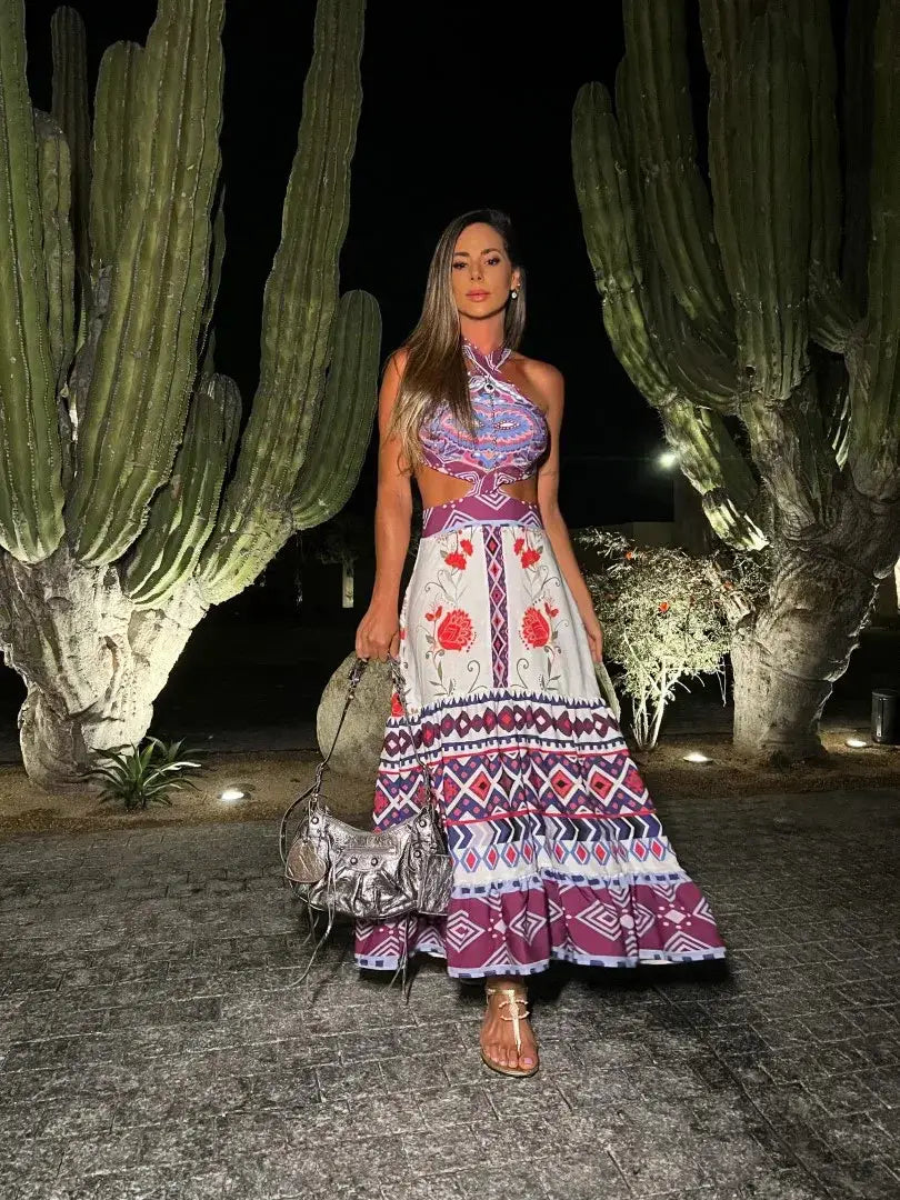 New Bohemian Sexy Printed Women Dresses Halter Sleeveless Backless Naked Waist Long Dress Fashion Summer Beach Holiday