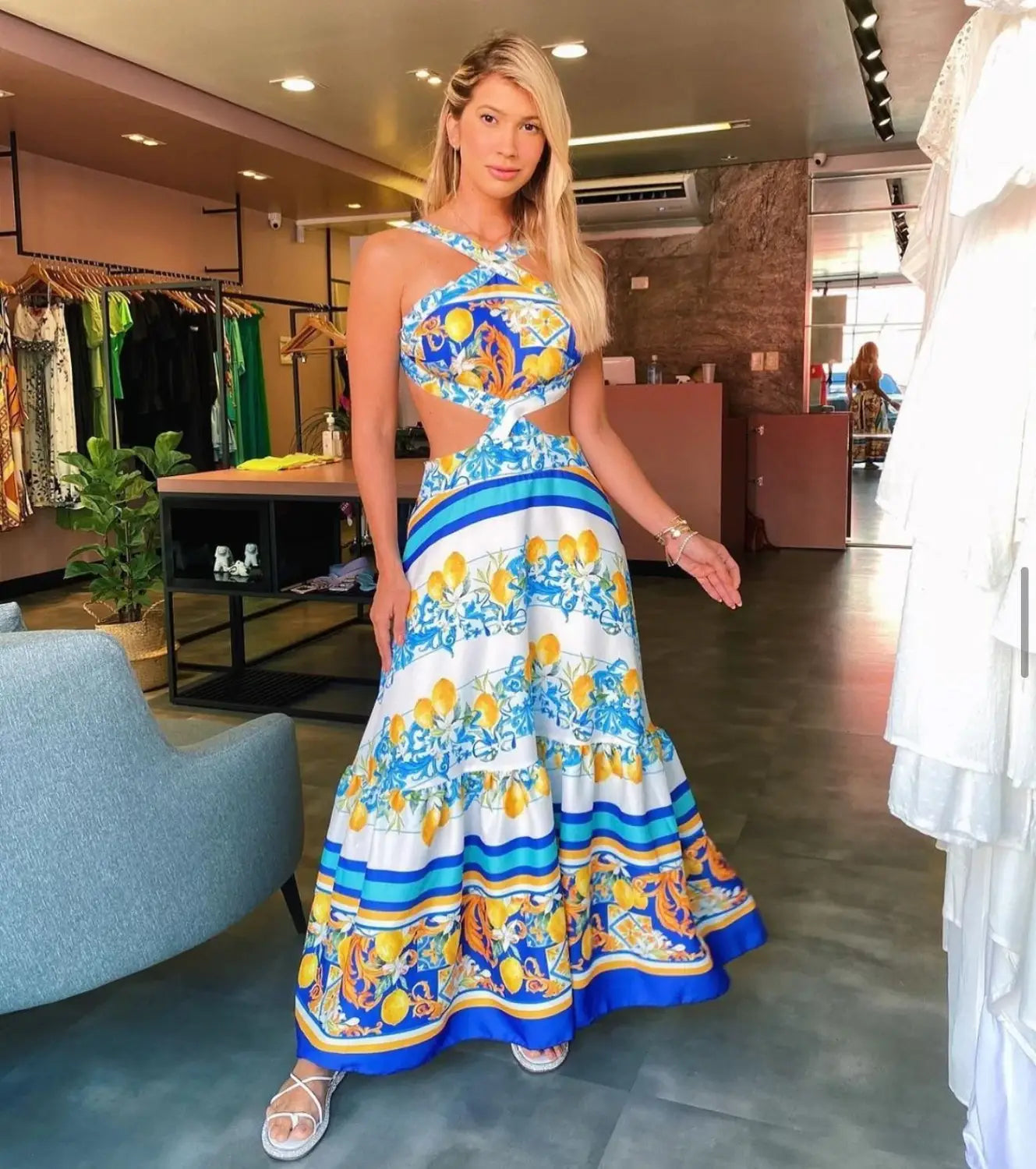 New Bohemian Sexy Printed Women Dresses Halter Sleeveless Backless Naked Waist Long Dress Fashion Summer Beach Holiday