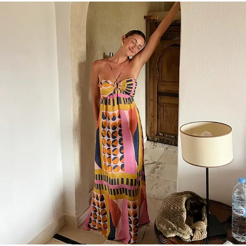 Flower Printted Women Long Dresses Elegant V-neck High Waist Puff Sleeve Ladies Robe Summer Autumn