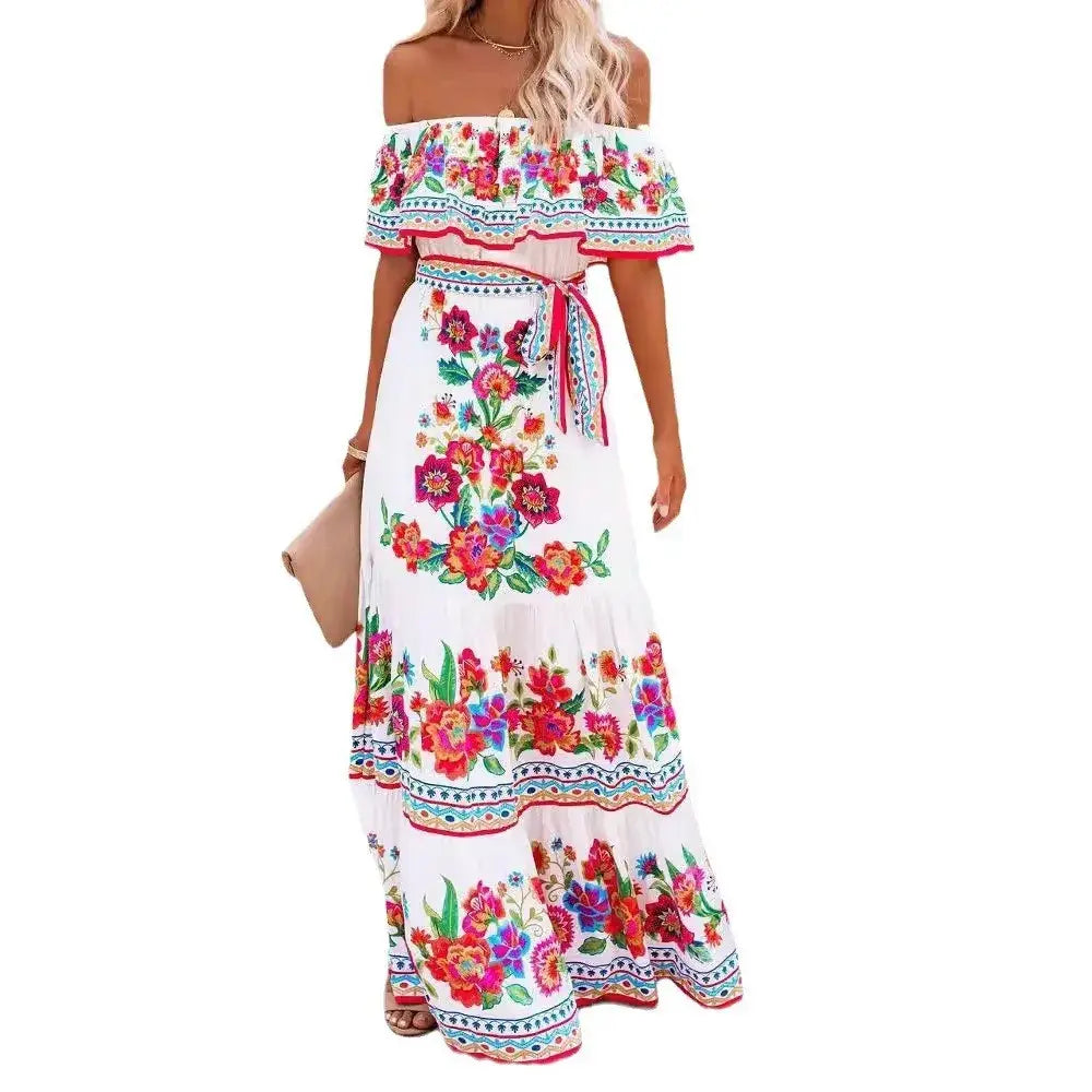 2024 Women’s New Sexy One Shoulder Off Shoulder Fashion Red Flower Printed Lace Up Waist Long Swing Dress