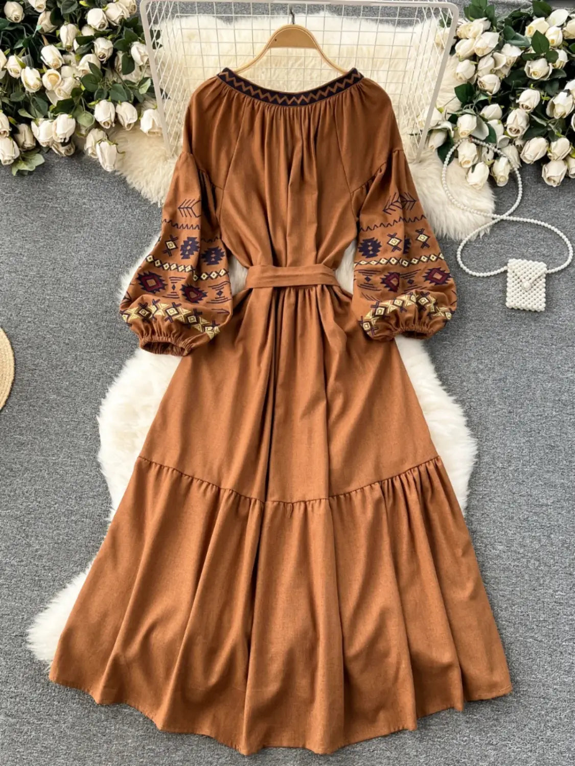 Women Bohemian Vacation Dress Travel Wear Sweet Western-style Embroidery Loose Waist Large Hem Midi Length Vestidos