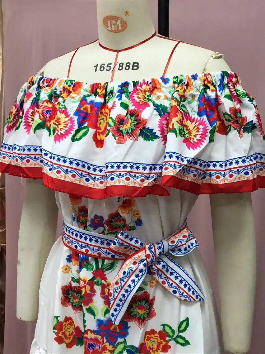 2024 Women’s New Sexy One Shoulder Off Shoulder Fashion Red Flower Printed Lace Up Waist Long Swing Dress