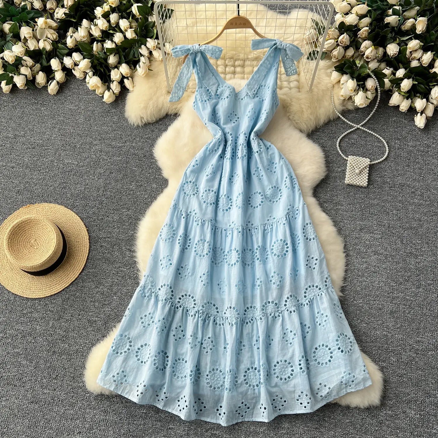 French Vintage cut out Embroidery bow Bandage slip Dress A-line Chic Casual Beach Vacation Women Summer dresses
