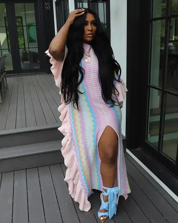 Women’s Knit Ribbed Clock Ruffles Side Sleeve Front Split Striped Straight Maxi Dress Vintage Fashion Vestidos Dresses