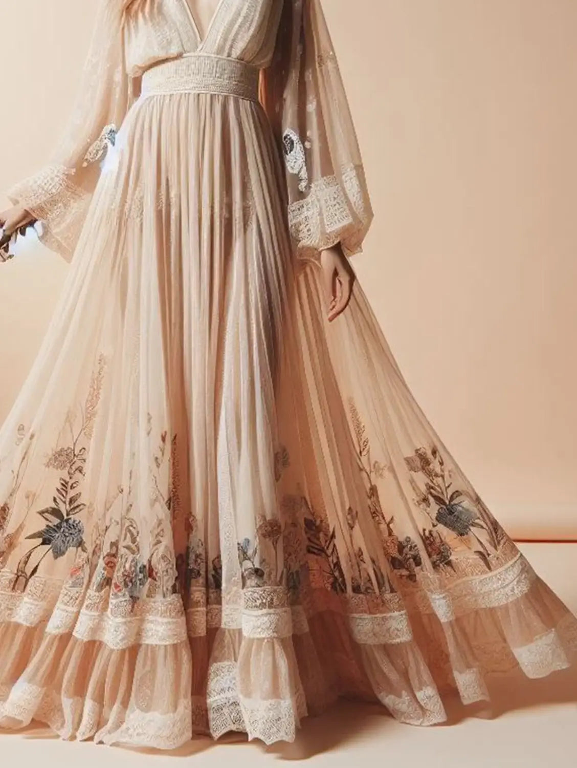 Bohemian Women Dress Elegant Fashion Floral Print Pattern Sexy Deep V Neck Casual Long Sleeve Lace Evening Party Maxi