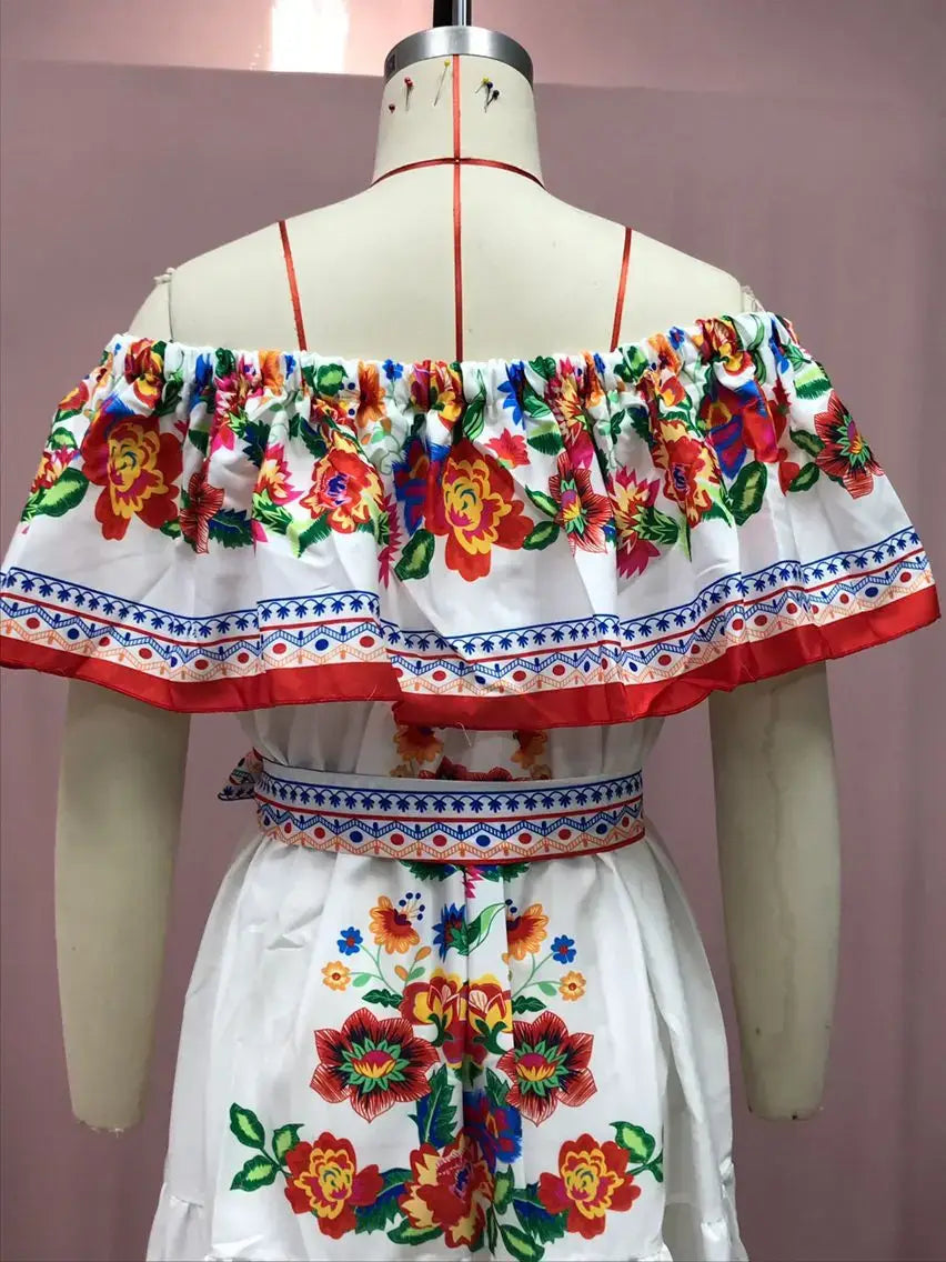 2024 Women’s New Sexy One Shoulder Off Shoulder Fashion Red Flower Printed Lace Up Waist Long Swing Dress