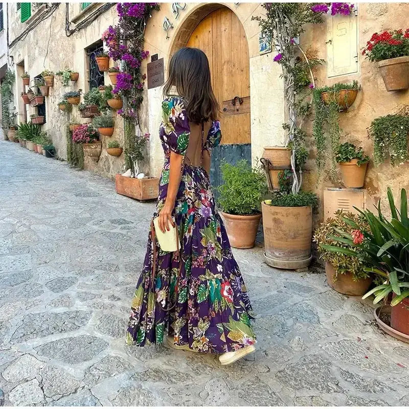 Vintage Print Backless Puff Sleeve Midi Dress Fashion Chic Round Neck High Waist Dresses 2024 Autumn New Women High