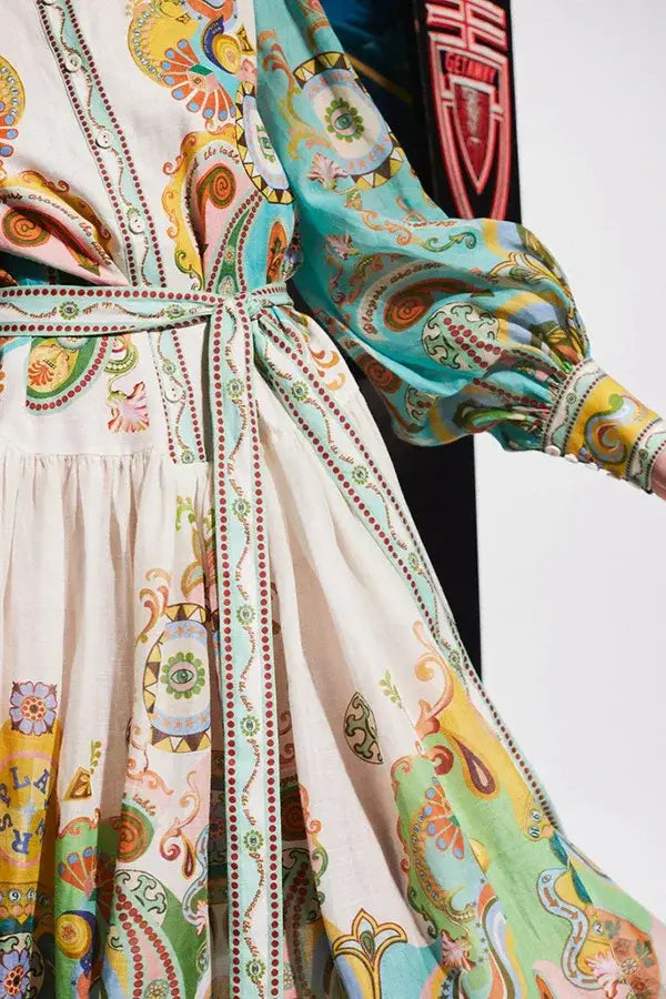 Long Dresses 2024 New Printed Fashion Sleeve Puff Sleeve Lace-up Large Swing Dress Elegant Party Dress