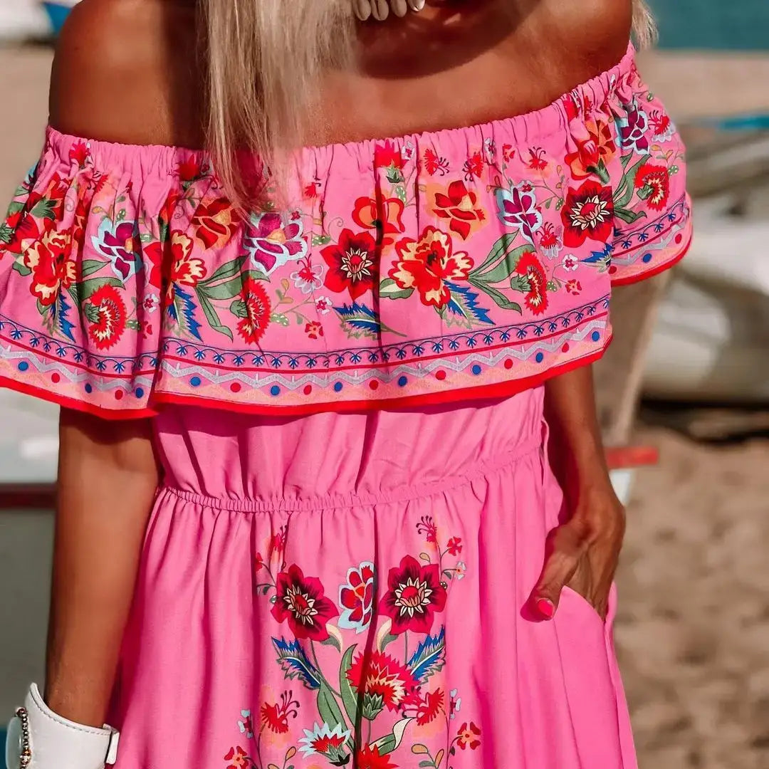 2024 Women’s New Sexy One Shoulder Off Shoulder Fashion Red Flower Printed Lace Up Waist Long Swing Dress