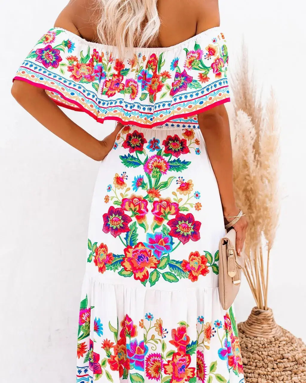 2024 Women’s New Sexy One Shoulder Off Shoulder Fashion Red Flower Printed Lace Up Waist Long Swing Dress