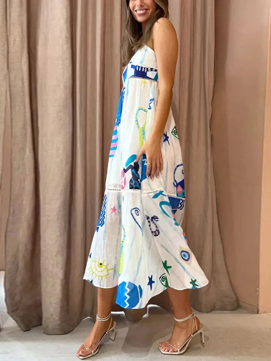 Women’s Summer Boho Spaghetti Strap Square Neck Farm Rio Dress Casual Flowy Graffiti Long Dress Beach Swing Party