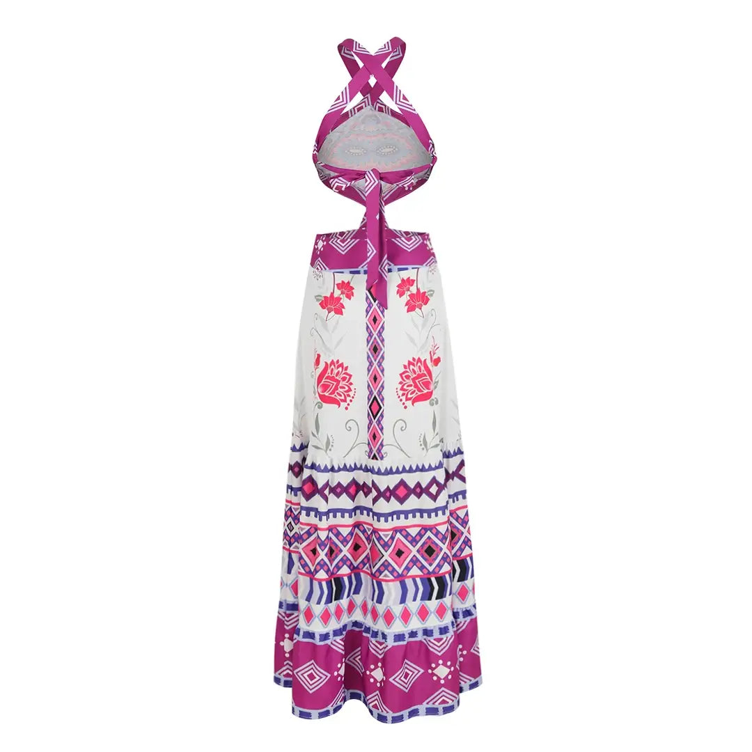 New Bohemian Sexy Printed Women Dresses Halter Sleeveless Backless Naked Waist Long Dress Fashion Summer Beach Holiday