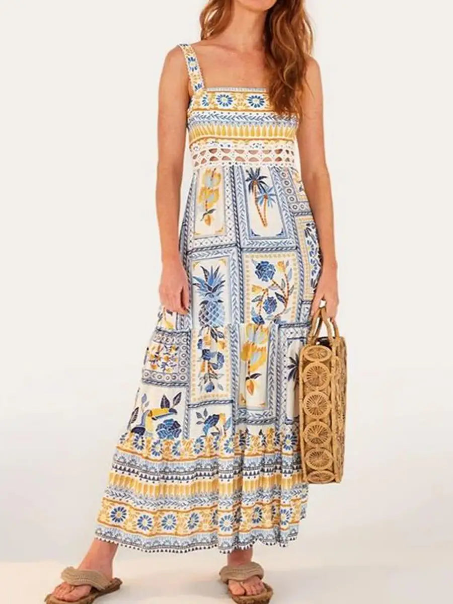 Women’s Summer Boho Spaghetti Strap Square Neck Farm Rio Dress Casual Flowy Graffiti Long Dress Beach Swing Party
