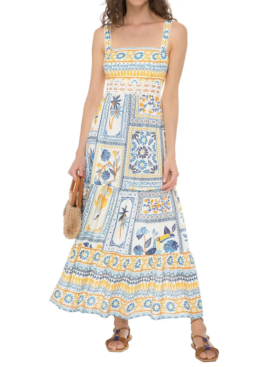 Women’s Summer Boho Spaghetti Strap Square Neck Farm Rio Dress Casual Flowy Graffiti Long Dress Beach Swing Party
